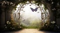 Fantasy world. Enchanted forest with magic lights, beautiful butterflies. AI Generative Royalty Free Stock Photo