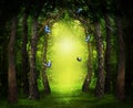 Fantasy world. Enchanted forest with magic lights, beautiful butterflies and way between trees Royalty Free Stock Photo