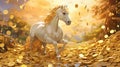 a fantasy world full of gold coins on the ground and white horse