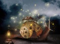 Fantasy world. Magic snail with its shell house moving on wooden surface surrounded by fairy lights Royalty Free Stock Photo