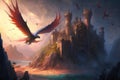 fantasy world, with phoenix firebird flying past castles and dragons