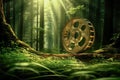 Fantasy world scene with film reels in enchanted forest