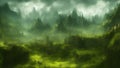 Fantasy world. A small town with houses and towers against the backdrop of high mountains and heavy fog. Green grass Royalty Free Stock Photo