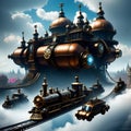 Fantasy world. Steampunk flying city. Steampunk fantasy city landscape.