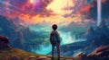 fantasy world with vibrant and surreal colors, floating islands in the sky, and a little boy this magical realm, AI-generated