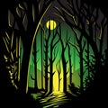 Fantasy yellow green dark forest. Vector illustration