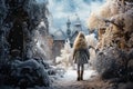 Fantasy. A young girl at the entrance to a mysterious palace in winter