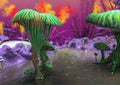 Fantasyland with a lake, mushrooms and weirds plants and eggs. Royalty Free Stock Photo