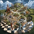 Fantasyland stylized as chess, with buildings, roads and clouds