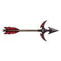 A fantasystyle illustration of a sharp arrow with red feathers and a doublesided blade on a white background Royalty Free Stock Photo