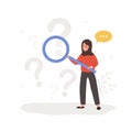 FAQ concept. Arab woman with magnifying glass search for answers. Customer support and online help service. Frequently