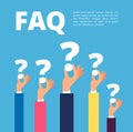 Faq concept. Businessman hands holding question marks. Quiz and online support vector illustration