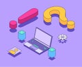 FAQ concept in isometric vector illustration. Frequently asked questions. Question and allert sign with laptop and server. Search