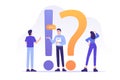 FAQ Frequently asked questions concept. Confused people standing near big exclamation and question marks, asking questions and Royalty Free Stock Photo