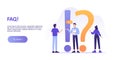 FAQ Frequently asked questions concept. Confused people standing near big exclamation and question marks, asking questions. Online Royalty Free Stock Photo