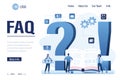FAQ landing page template. Big question and exclamation marks. Business people need help, many questions