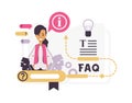 FAQ. Online assistance. Frequently asked questions. Operator gives answers or recommendations on problems with services Royalty Free Stock Photo