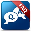 Faq (question answer bubble icon) blue square button red ribbon Royalty Free Stock Photo