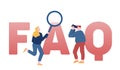 Faq Service Concept. People with Binoculars and Magnifier Asking Questions, User Manual or Guide, Customers Search
