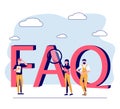 FAQ support as frequently asked questions help in flat tiny persons concept vector illustration