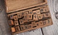 FAQ word over box of wooden stamps