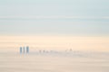 Far aerial view of Madrid city with fog in the morning