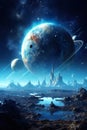 far alien planet with mountain landscape and moons with stars and nebulas in sky, distant fantasy world in open space