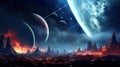 far alien planet with mountain landscape and moons with stars and nebulas in sky, distant fantasy world in open space