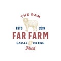 The Far Meat Farm Abstract Vector Sign, Symbol or Logo Template. Hand Drawn Ram Sillhouette with Retro Typography