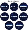 Far north cities collection. Blue Circular icons Royalty Free Stock Photo