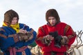 Far North, Yamal Peninsula, Reindeer Herder`s Day, local residents in national clothes of Nenets