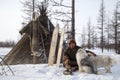 Far north of Yamal, tundra, pasture nord reindeers, closeup portrait of Nenets at age, close-up portrait of Nenets in national