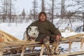 Far north of Yamal, tundra, pasture nord reindeers, closeup portrait of Nenets at age, close-up portrait of Nenets in national