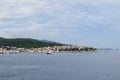 A faraway view of Hvar, Croatia from the ocean.