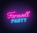Farewell party neon lettering on brick wall background.
