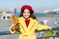 Farewell to autumn. Last autumn beams. Fall is in the air. Ideas for autumn leisure. Kid hold maple leaves. Small girl