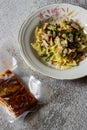 Farfalle with asparagus and bacon, dish of Italian cuisine Royalty Free Stock Photo