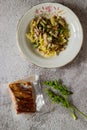 Farfalle with asparagus and bacon, dish of Italian cuisine Royalty Free Stock Photo