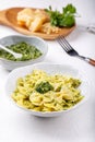 Farfalle pasta in  basil pesto sauce in white plate on white table Royalty Free Stock Photo