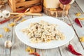 Farfalle pasta with mushrooms and creamy sauce