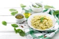 Farfalle pasta with pesto genovese & x28;basil sauce& x29; on white rusti