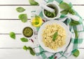 Farfalle pasta with pesto genovese & x28;basil sauce& x29; on white rusti Royalty Free Stock Photo