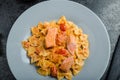 Farfalle with tomato sauce and roasted salmon Royalty Free Stock Photo