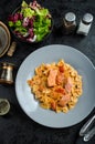 Farfalle with tomato sauce and roasted salmon Royalty Free Stock Photo