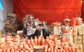 FARIDABAD, HARYANA / INDIA - FEBRUARY 16 2018: Handmade Earthenware Pots, Mugs, Bottle Seller at The Surajkund Crafts Mela - The
