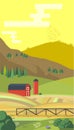 Farm with mountes, country landscape, trendy flat style design template. illustration.