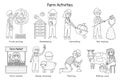 Farm activities black and white set with cute kids farmers. Coloring page