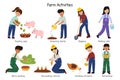 Farm activities set with cute kids farmers. Cute characters doing gardening and agricultural work