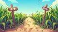 Farm agricultural landscape, natural scene cartoon modern illustration with green maize plants and sandy road between