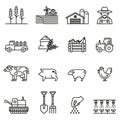 Farm and Agriculture line icon set. Farmers, Plantation, Gardening, Animals, Objects, Harvester trucks, Trac